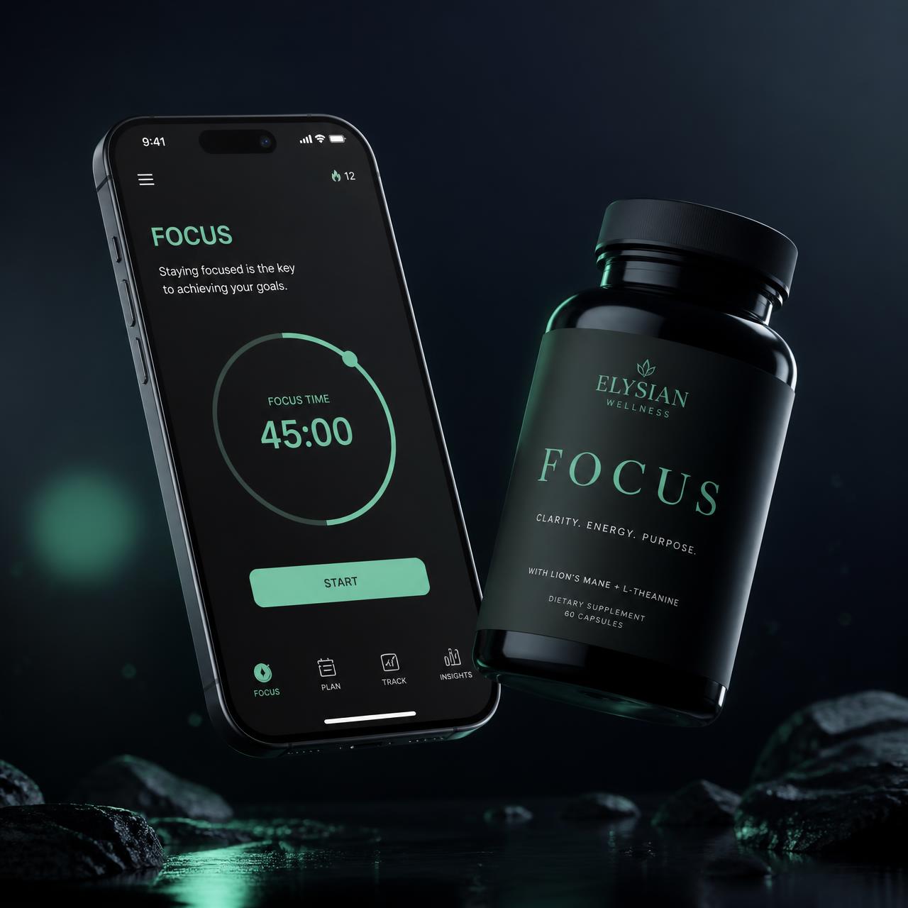 App Elysian no iPhone ao lado do suplemento Focus